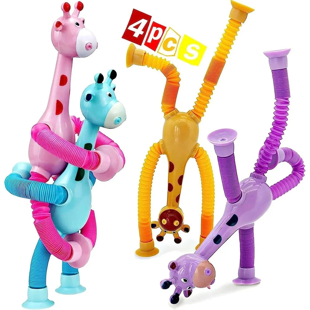 "Set of 4 Telescopic Suction Cup Giraffe Sensory Tubes - Travel Toys for Children with Autism - Ideal Christmas Gift for Boys and Girls"